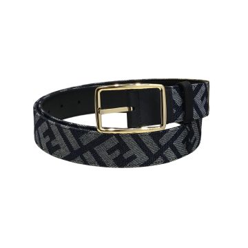 Fendi Men's Rectangle Buckle Belt In Blue Denim FF Monogram With Gold/Silver Hardware 35mm