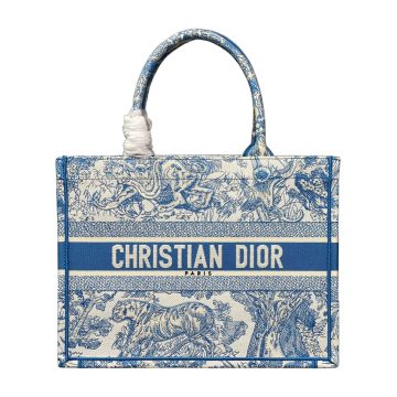 Dior Medium Dior Book Tote In White and Blue/Yarrow Pink/Green/Pink Toile de Jouy Sauvage Embroidery