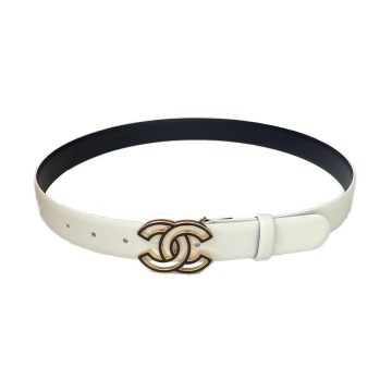 Chanel Women's CC Belt In White/Beige/Pink/Black Calfskin With Gold Hardware 30mm