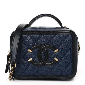 Chanel CC Filigree Vanity Case Small Navy/Black Quilted Caviar Leather Gold Hardware