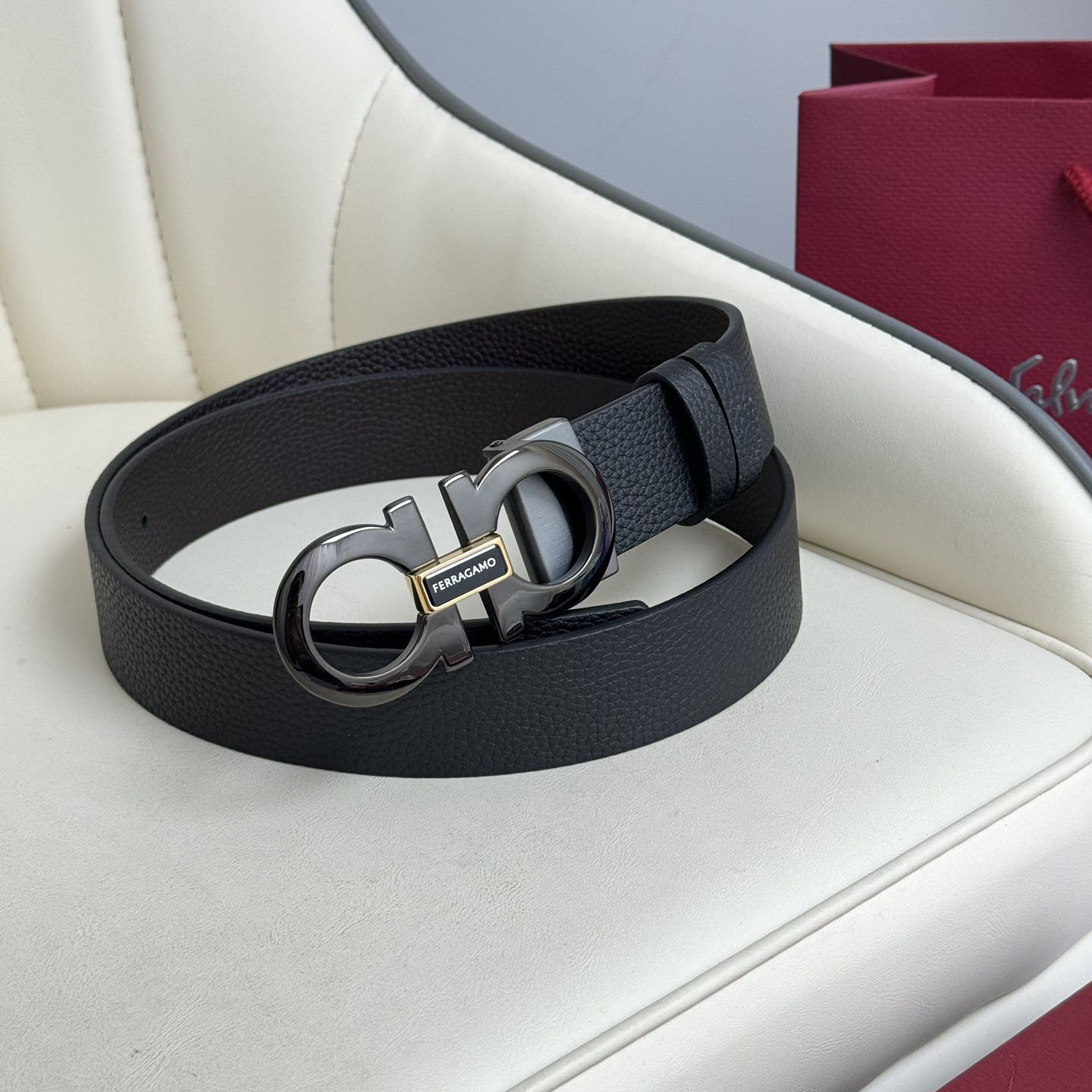 Ferragamo Men's Double Gancini Buckle Belt In Black Grained Calfskin With Gold/Silver/Black Hardware 35mm - 图片 8