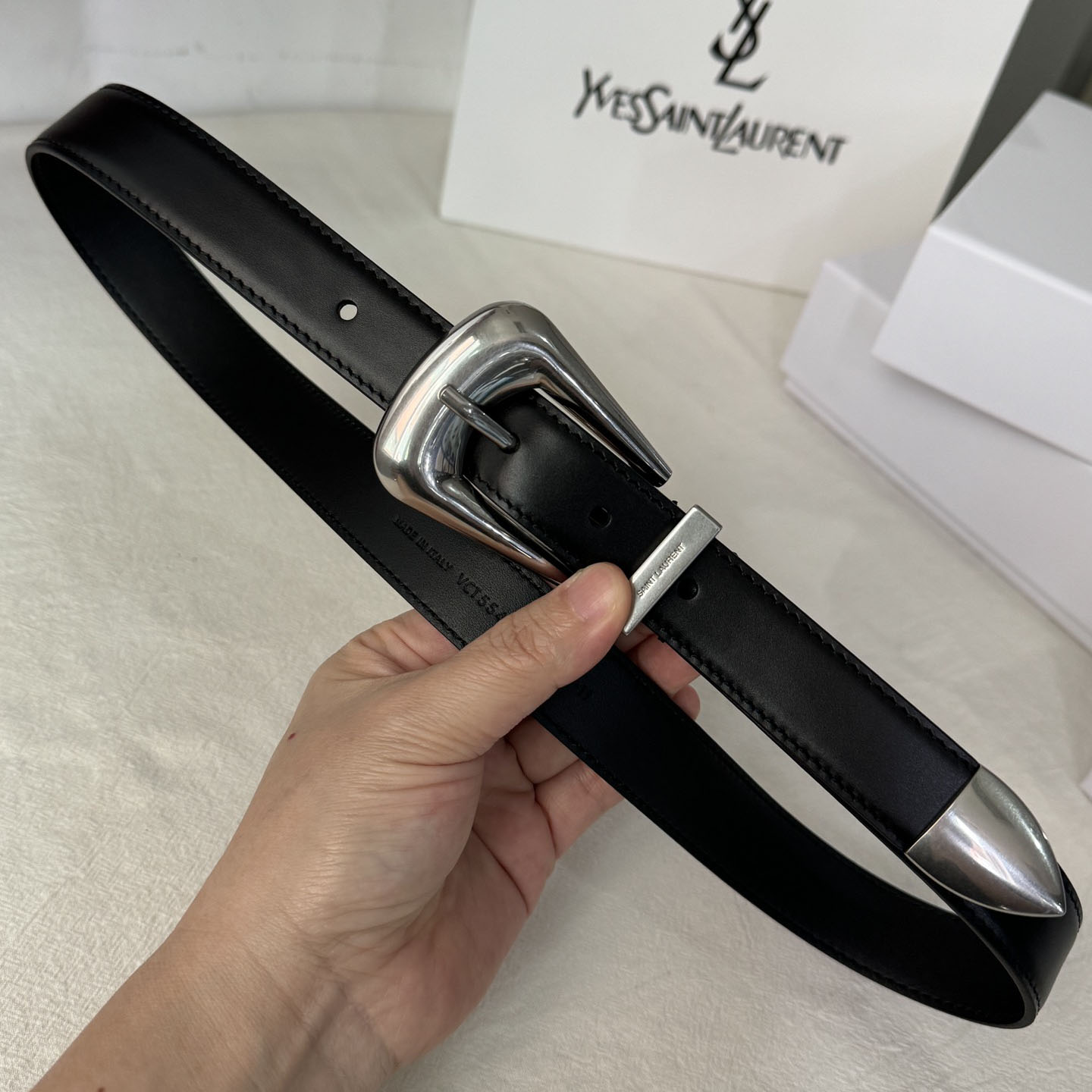 Saint Laurent Folk Buckle Belt In Black Brushed Leather With Gold/Silver Hardware 25mm - 图片 8
