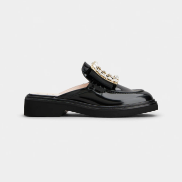 Roger Vivier Viv' Rangers Mules Loafers In Black Patent Leather With Crystal Buckle