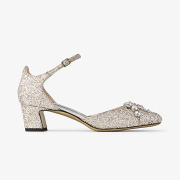 JIMMY CHOO Sand-colored shimmer fabric heels Thick heeled heels