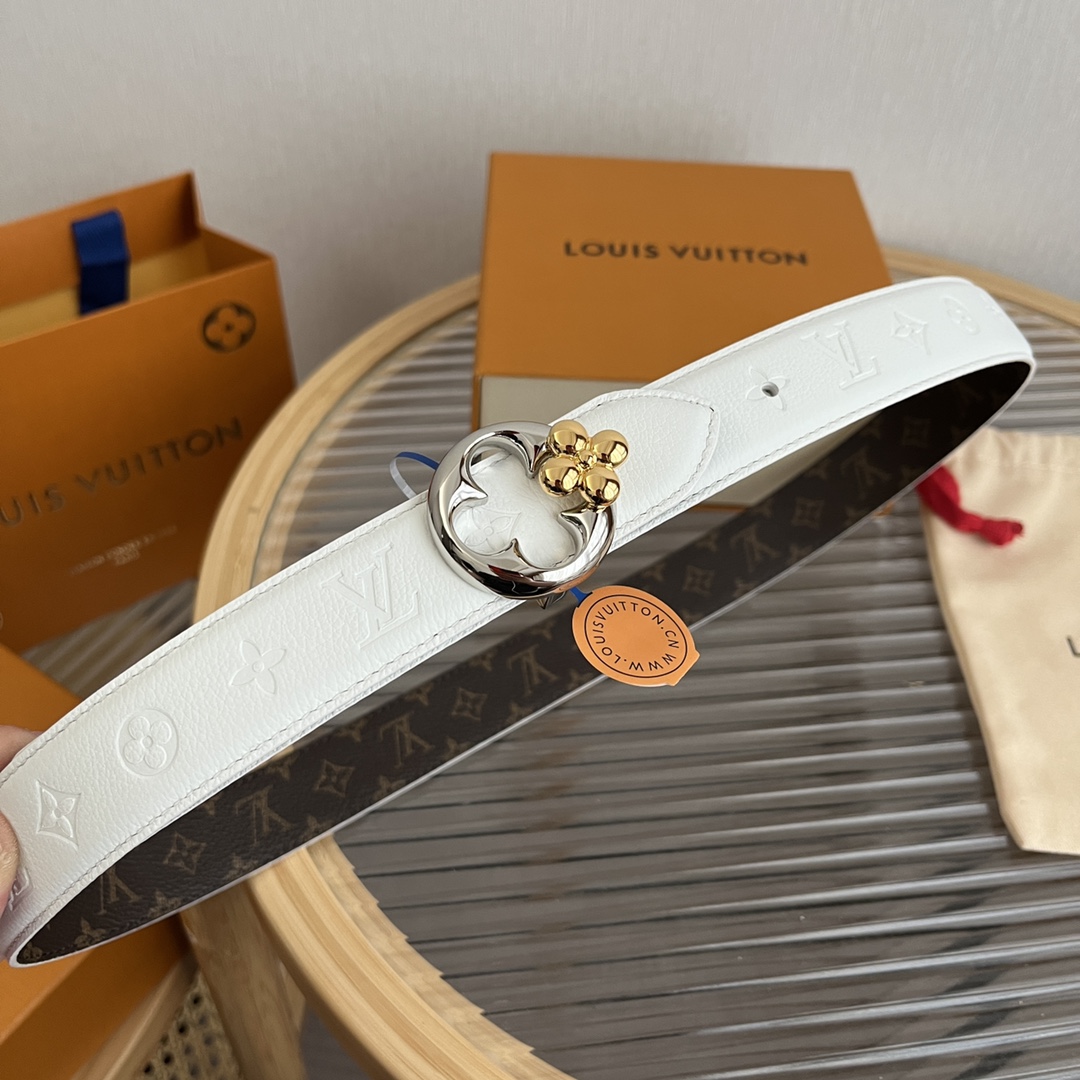 Louis Vuitton Women's Flowergram Round Buckle Reversible Belt In Black/White/Brown Calfskin And Monogram Canvas With Gold/Silver Hardware 30mm - 图片 10