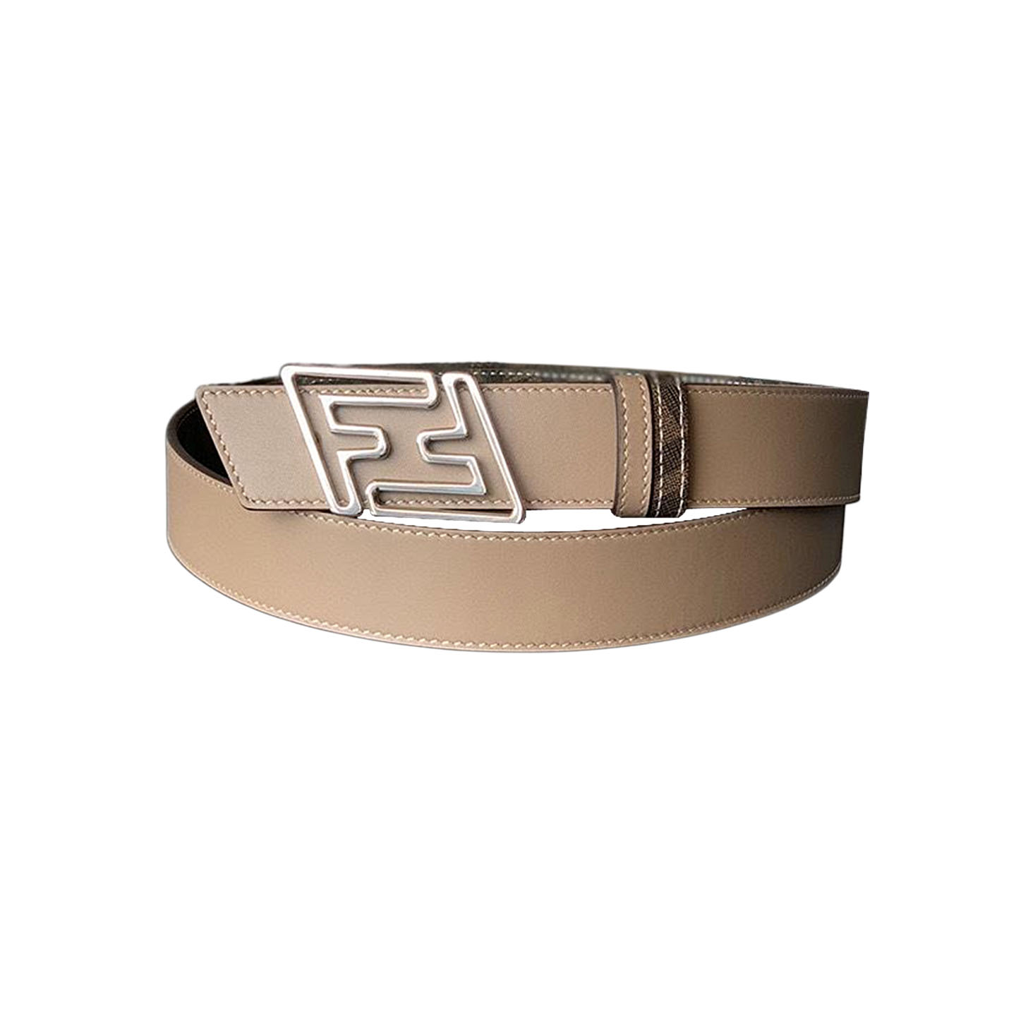 Fendi Men's Faster Reversible Belt In Beige/Black/Brown Calfskin And Monogram Canvas With Gold/Silver Hardware 35mm - 图片 4