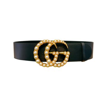 Gucci Women's  Emblem Buckle With Pearls Belt In Black Smooth Calfskin With Gold Hardware 70mm