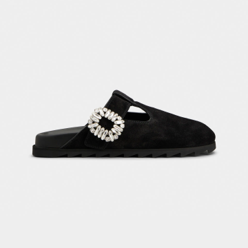Roger Vivier Slidy Viv' Mules Birkenstocks In Black Suede With Crystal Buckle