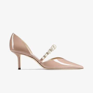 JIMMY CHOO Pearl-embellished pink lacquered leather pointed high heels