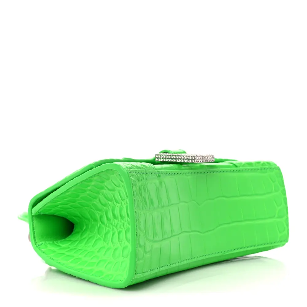 Balenciaga XS Hourglass Top Handle Bag Fluo Green Strass Crocodile Embossed Shiny Calfskin Leather Silver Hardware - 图片 6