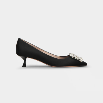 Roger Vivier Efflorescence Pumps High Heels In Black Satin With Crystal Buckle (Heel Height 4.5cm)
