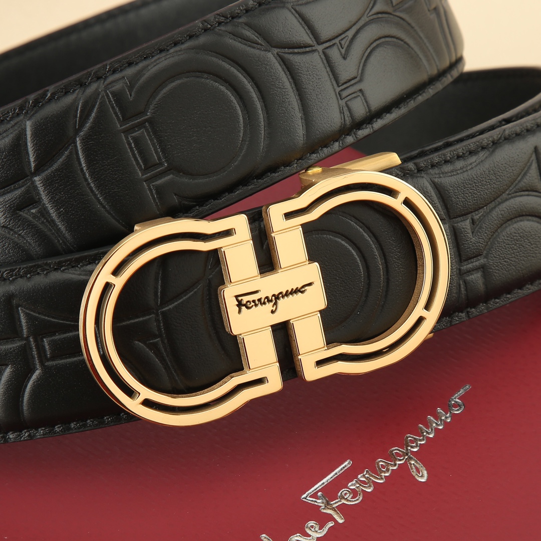 Ferragamo Men's Hollow Double Gancini Buckle Belt In Black Calfskin With Gold/Silver Hardware 35mm - 图片 8