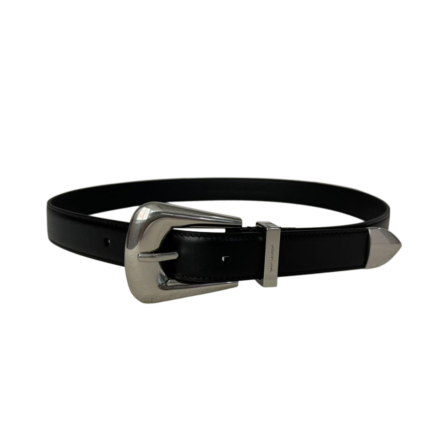 Saint Laurent Folk Buckle Belt In Black Brushed Leather With Gold/Silver Hardware 25mm - 图片 6