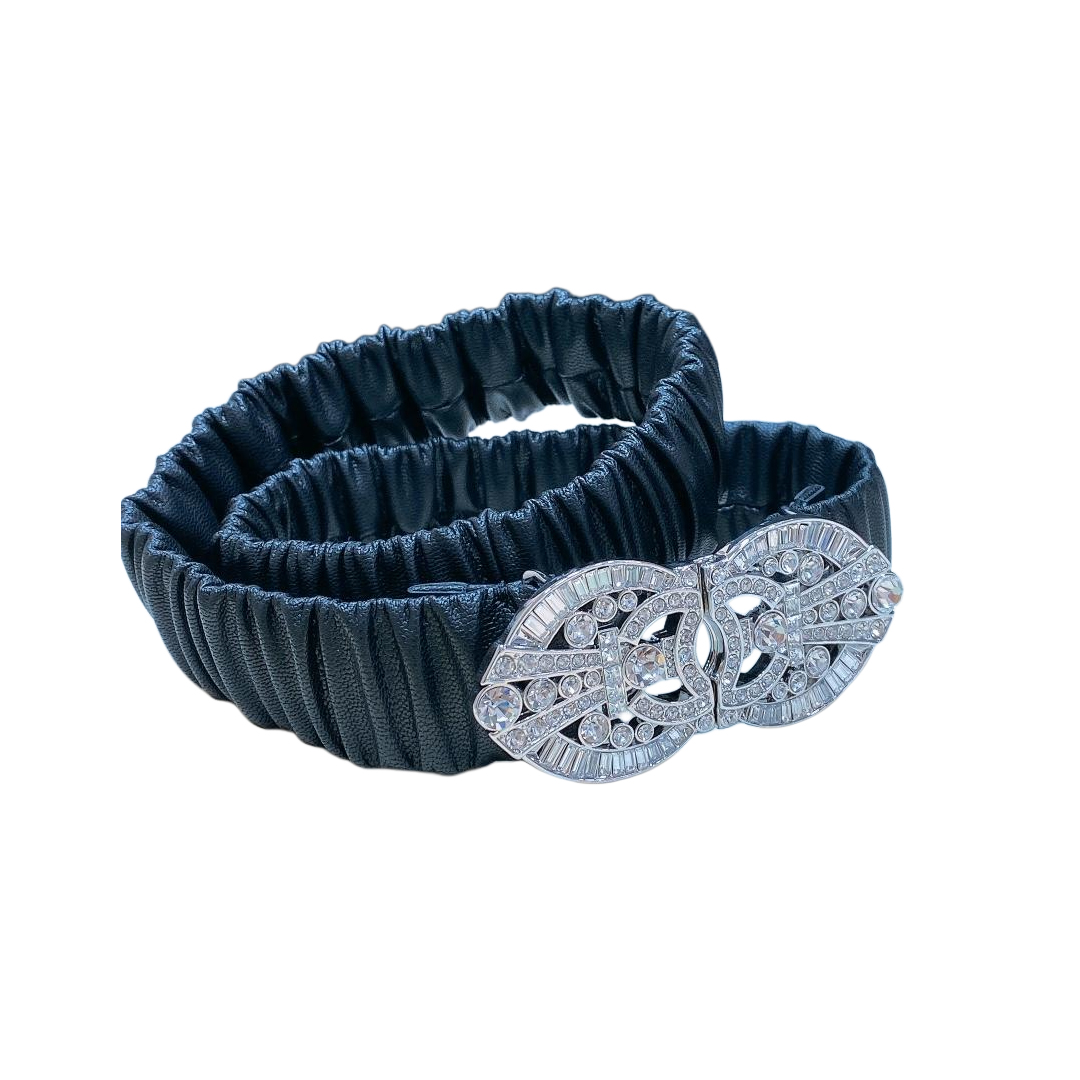 Chanel Women's Crystal Buckle Elastic Belt In Black Lambskin With Silver Hardware 30mm - 图片 2