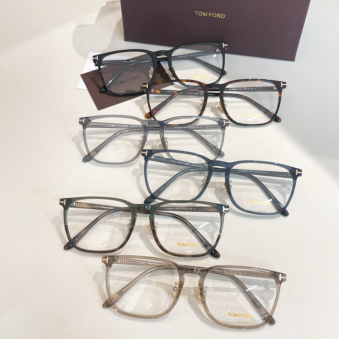 Tom Ford square frame glasses black gold/leopard/tawny/grey/blue/green color transparent lens Size 57口19-145 - 图片 8