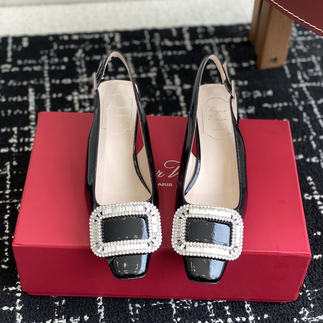 Roger Vivier Belle Viver Slingback Pumps High Heels In Black Patent Leather With Crystal Buckle (Heel Height 4.5cm) - 图片 2