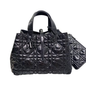Dior Medium Dior Toujours Bag In Black Macrocannage Crinkled Calfskin With Black Hardware