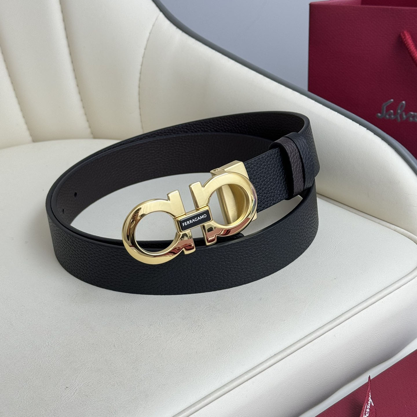 Ferragamo Men's Double Gancini Buckle Belt In Black Grained Calfskin With Gold/Silver/Black Hardware 35mm - 图片 5