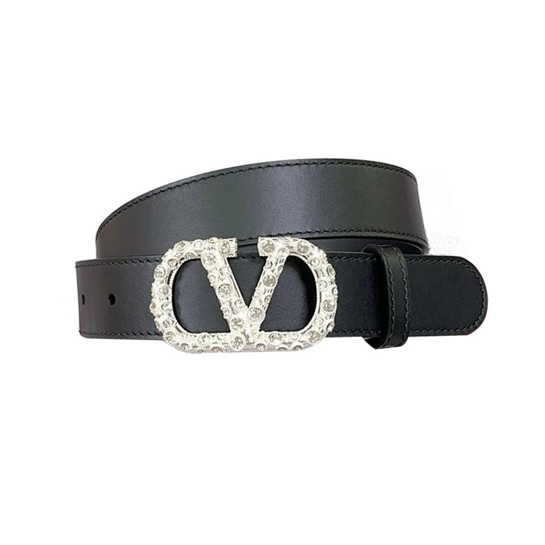 Valentino V Buckle With Crystal Belt In Black/Brown/Red/White Calfskin With Gold/Silver Hardware 30mm - 图片 2