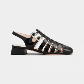 Roger Vivier Très Vivier Sandals In Black Patent Leather With Crystal Buckle (Heel Height 4.5cm)