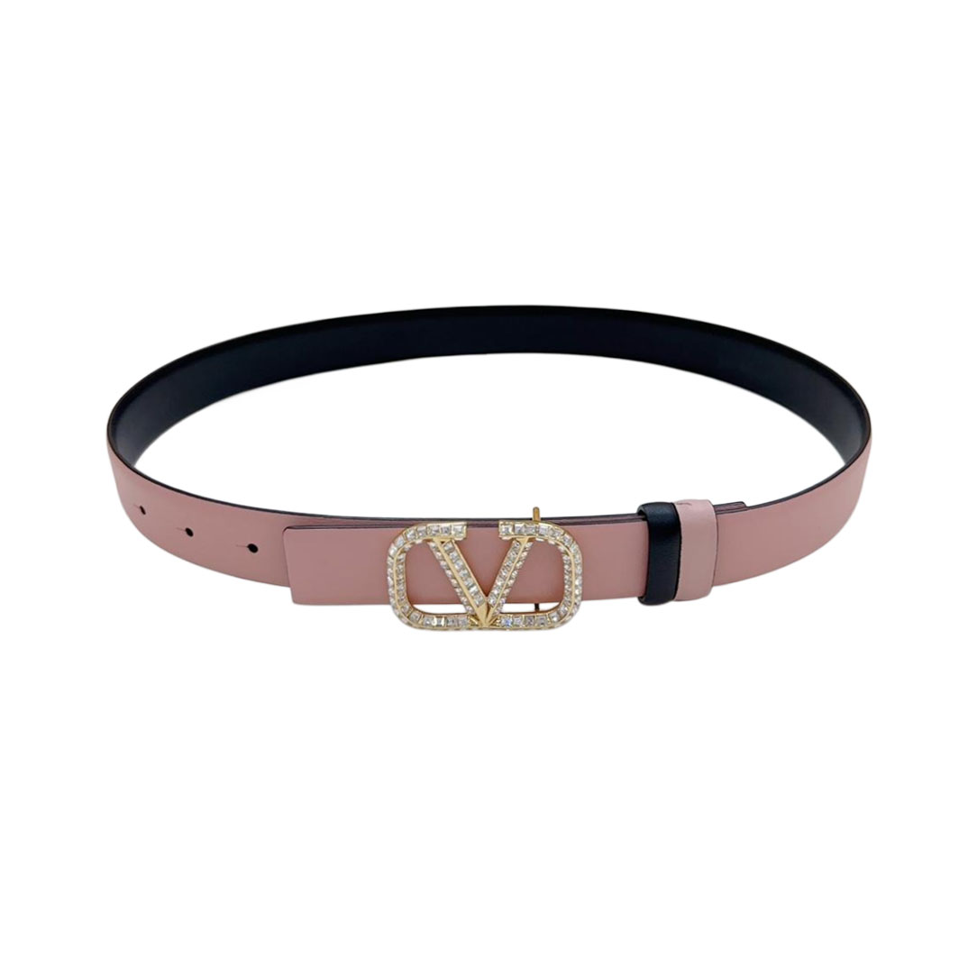 Valentino V Buckle With Crystal Belt In Black/Blue/Pink/Brown/White Calfskin With Gold Hardware 30mm - 图片 4