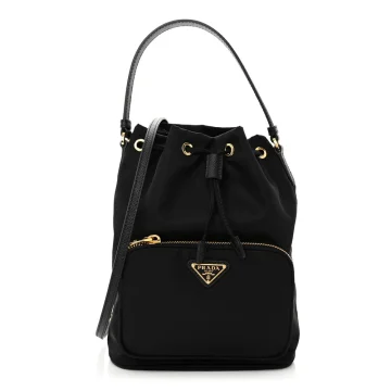 Prada Mini Bucket Crossbody Bag Black Saffiano Leather & Tessuto Nylon Brass Hardware
