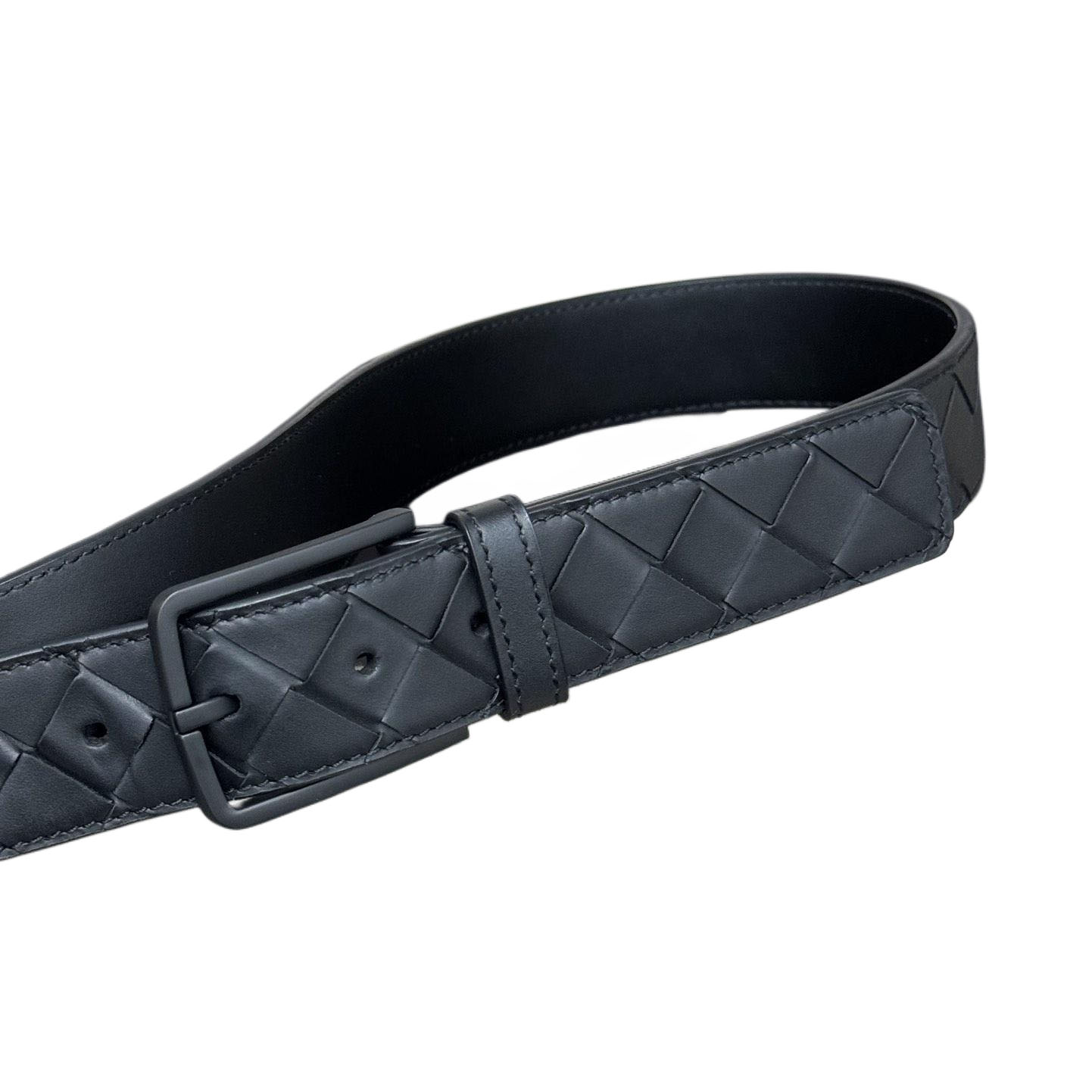 Bottega Veneta Men's Square Buckle Intrecciato Belt In Black/Coffee/Blue/Grey Calfskin With Black Hardware 35mm - 图片 4