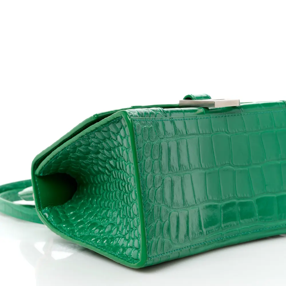 Balenciaga Small Hourglass Top Handle Bag Leaf Green Crocodile Embossed Shiny Calfskin Leather Silver Hardware - 图片 5