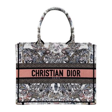 Dior Medium Book Tote White Pastel Pink Butterfly Around The World Embroidered Canvas