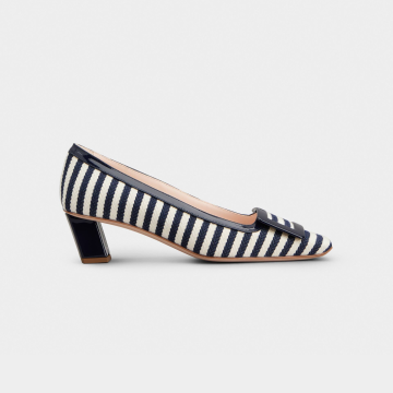 Roger Vivier Belle Vivier Pumps High Heels In Navy Blue/White Canvas With Lacquered Metal Buckle (Heel Height 4.5cm)