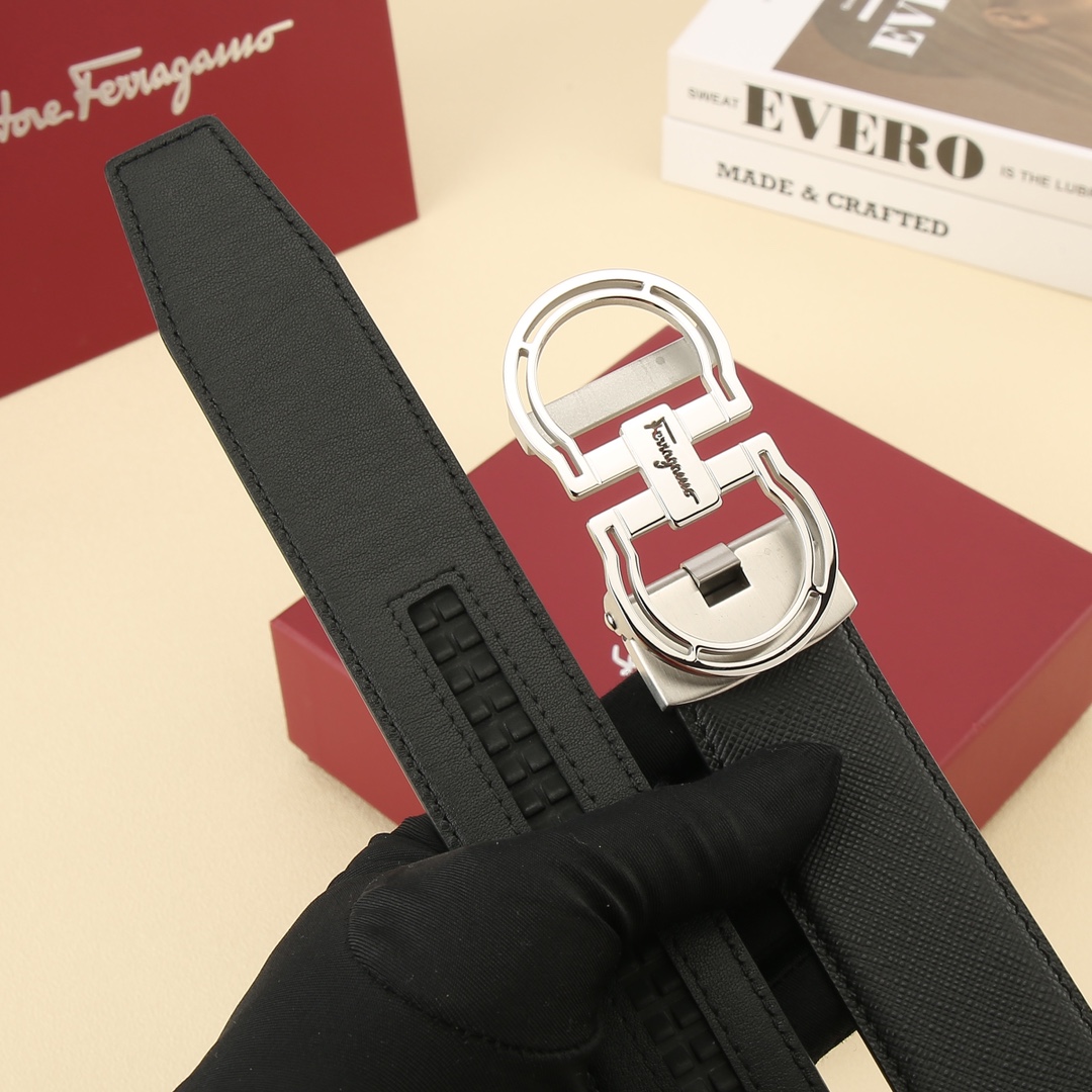 Ferragamo Men's Hollow Double Gancini Buckle Belt In Black Calfskin With Gold/Silver Hardware 35mm - 图片 4