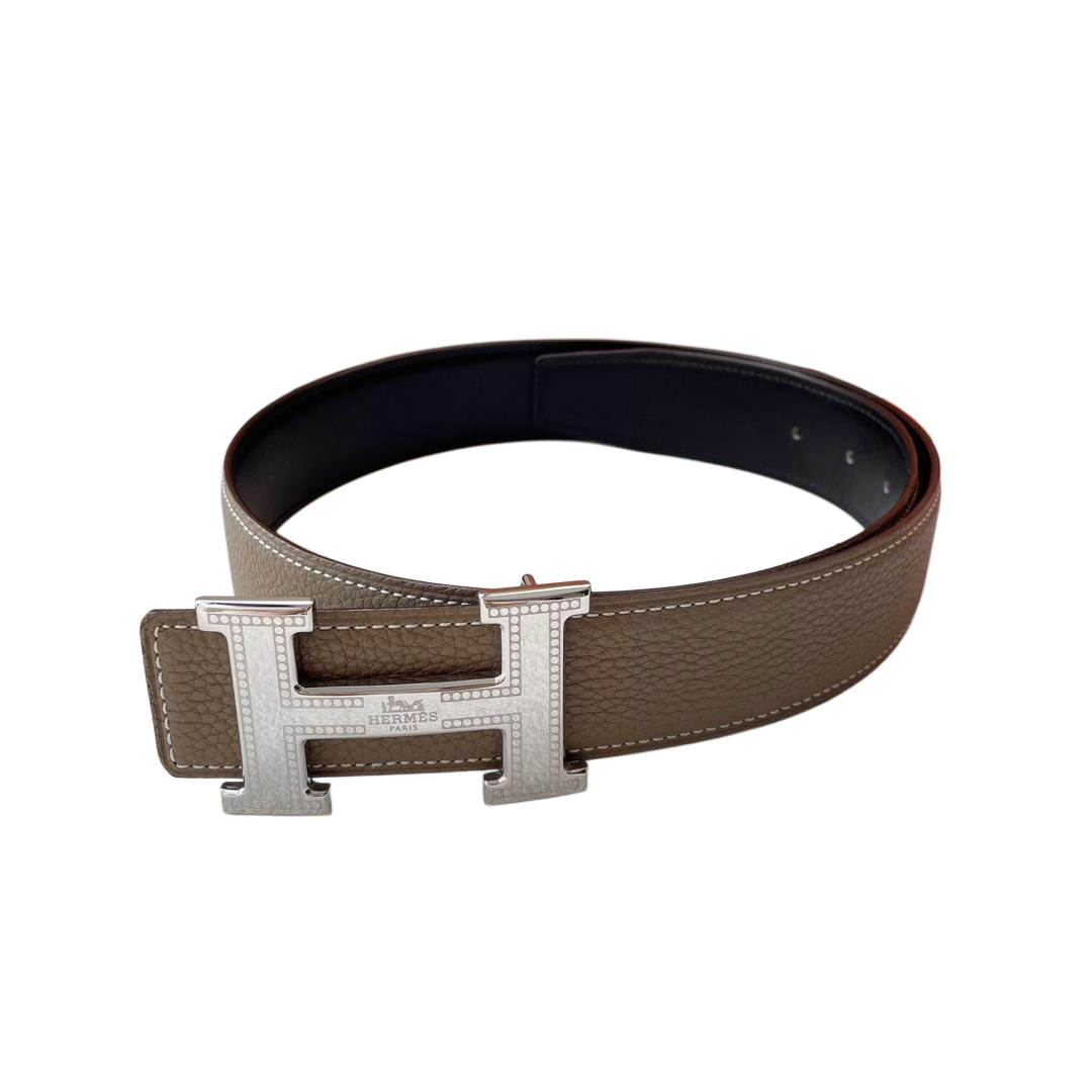 Hermès Men' s H Buckle Belt In Black/Etoupe/Brown Calfskin With Gold/Silver Hardware 38mm - 图片 3