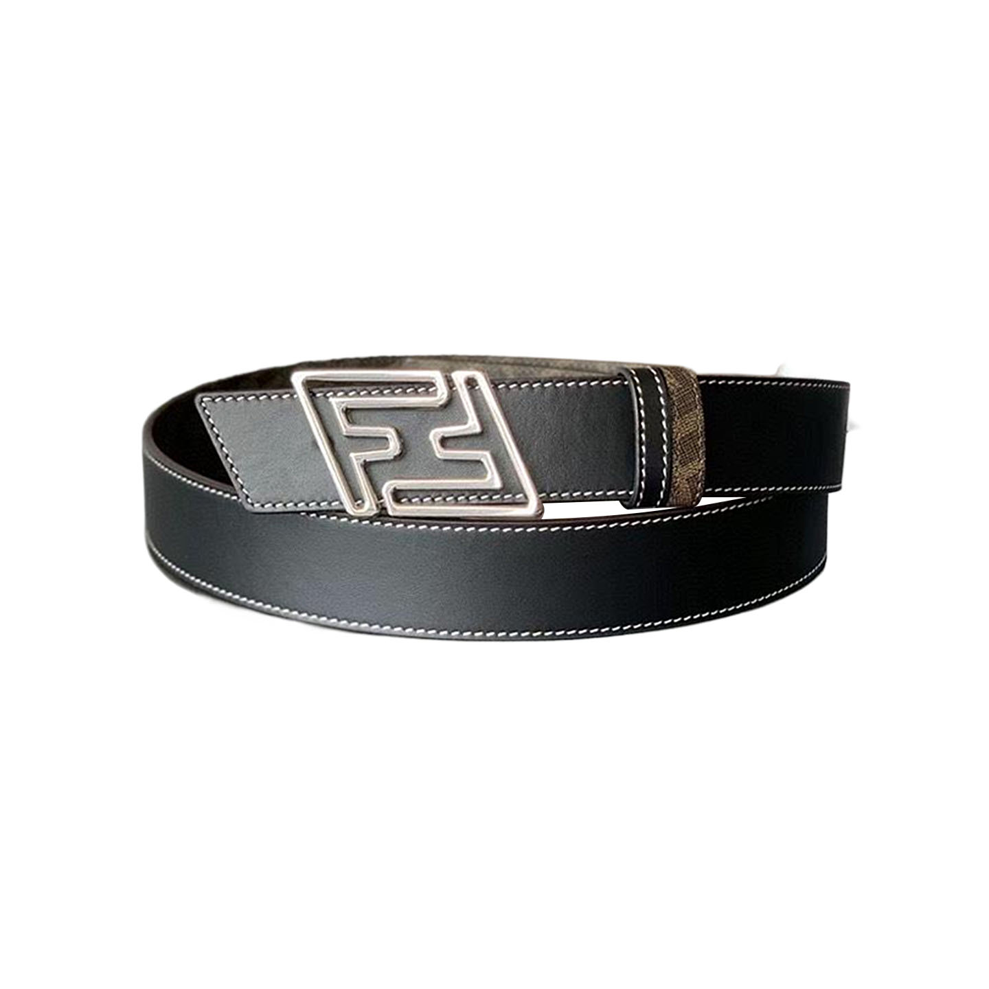 Fendi Men's Faster Reversible Belt In Beige/Black/Brown Calfskin And Monogram Canvas With Gold/Silver Hardware 35mm - 图片 8