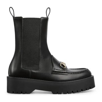 Gucci black Groove sole horseneck buckle boots