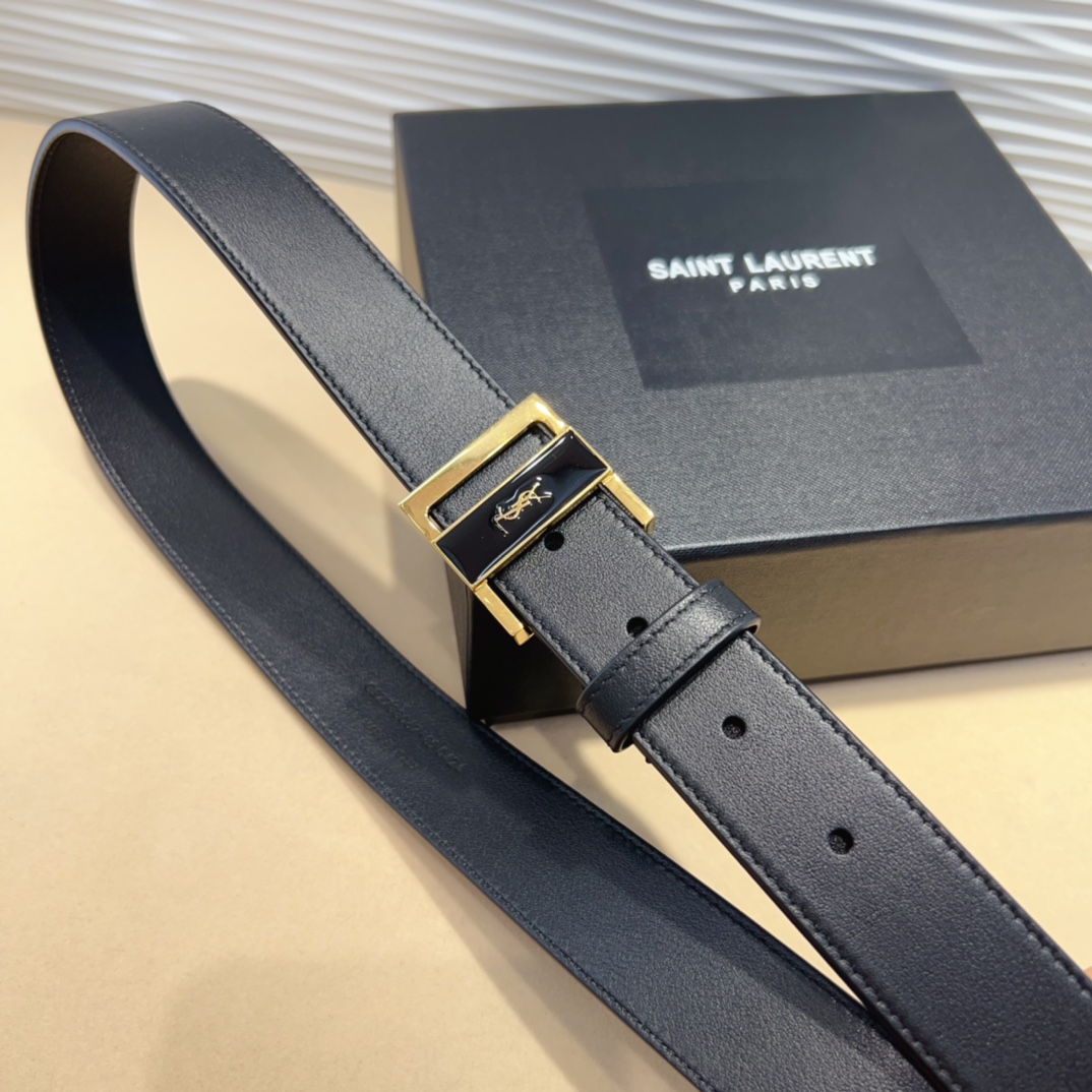 Saint Laurent GIO Belt In Black Box Calfskin With Gold/Silver Hardware 30mm - 图片 4