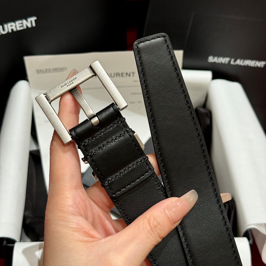 Saint Laurent Cassandre Belt In Black/Coffee Smooth Calfskin With Black/Gold/Silver Hardware 30mm - 图片 8