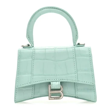 Balenciaga Hourglass Mini Top Handle Bag With Chain Green Acqua Crocodile Embossed Shiny Calfskin Leather