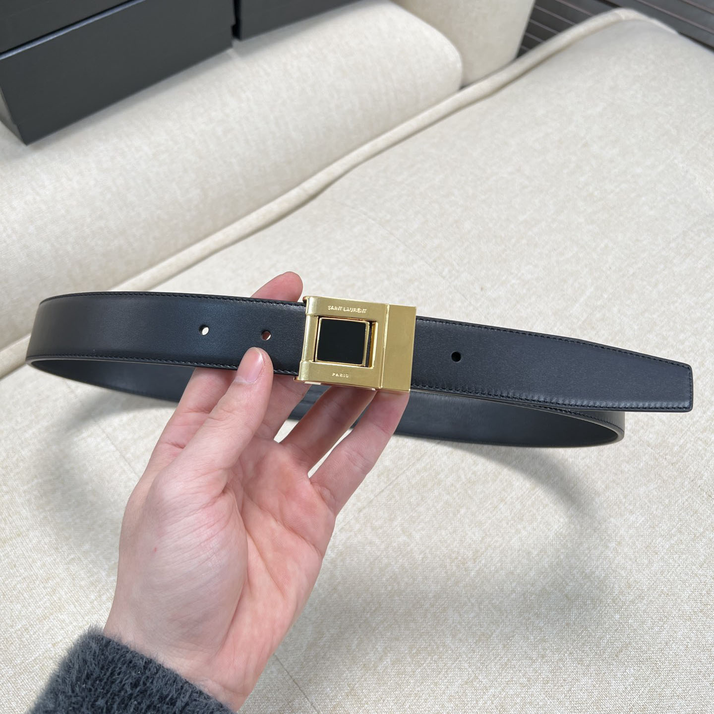 Saint Laurent Square Buckle Belt In Black/Burgundy Calfskin With Gold Hardware 30mm - 图片 2