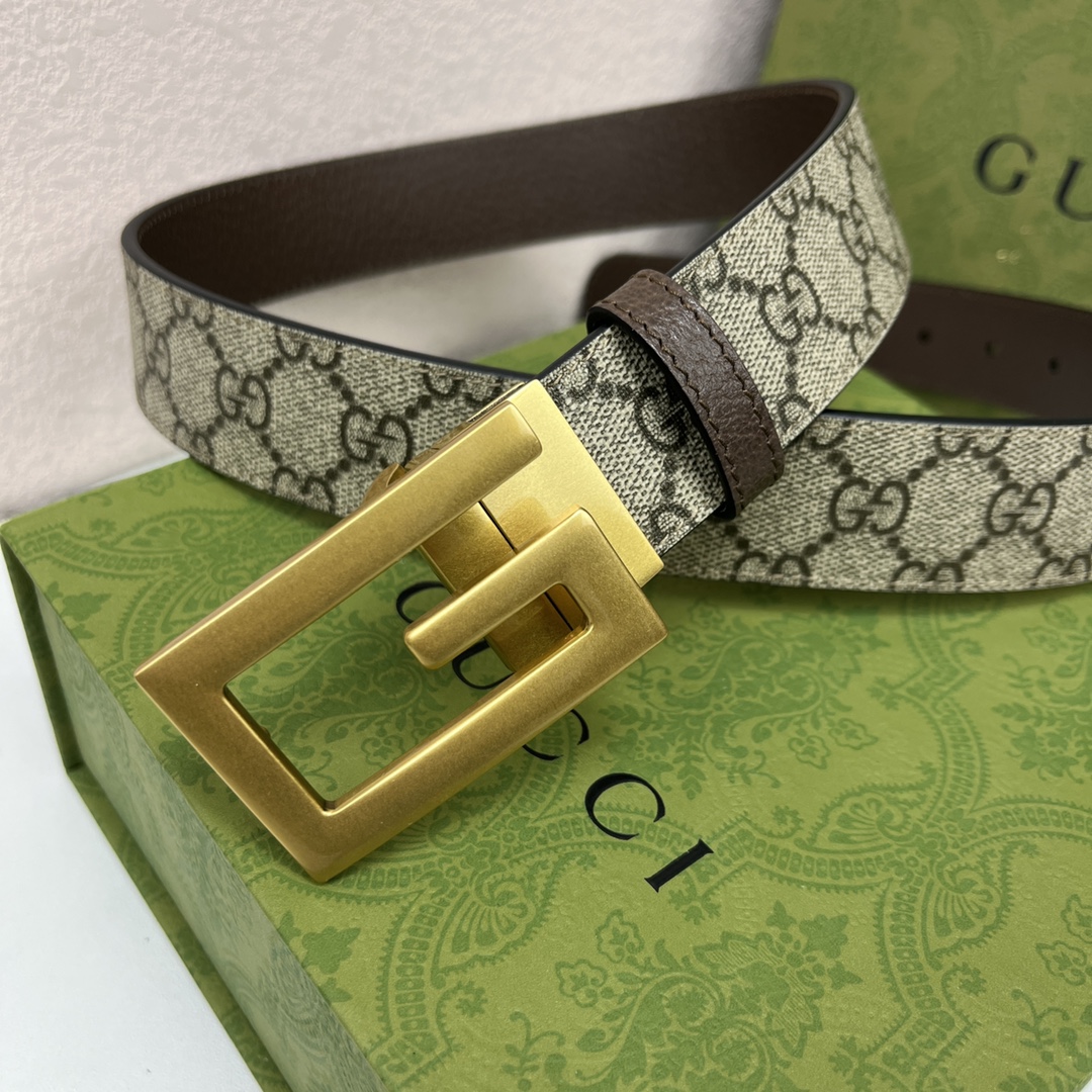 Gucci Men's Square G Buckle Reversible Belt In Black/Brown/Beige Monogram Calfskin And Canvas With Gold/Silver Hardware 25mm - 图片 4