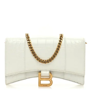 Balenciaga XS Hourglass Chain Bag White Crocodile Embossed Shiny Calfskin Leather Gold Hardware