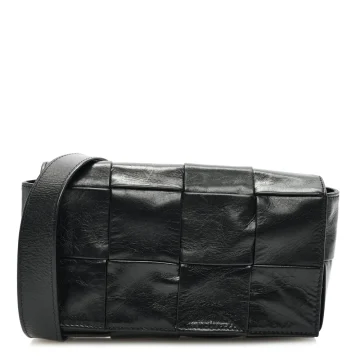 Bottega Veneta Small Intreccio Cassette Belt Bag Black Paper Calfskin Leather