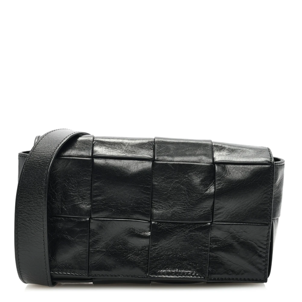 Bottega Veneta Small Intreccio Cassette Belt Bag Black Paper Calfskin Leather