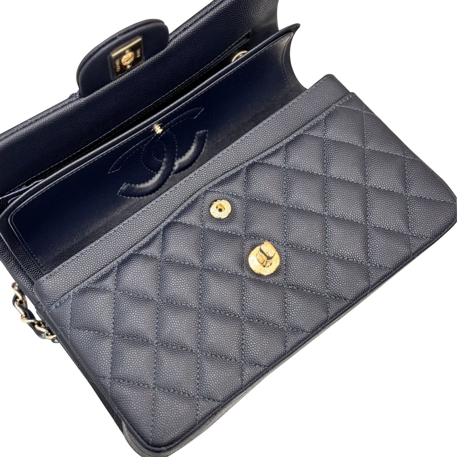 Chanel Double Flap Jumbo Blue Quilted Caviar Leather Gold Hardware - 图片 5
