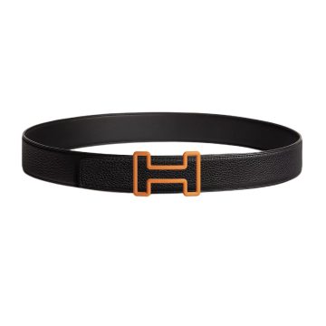 Hermès Men' s Tonight Color H Buckle Reversible Belt In Black/Brown/Coffee Calfskin With Orange Hardware 38mm