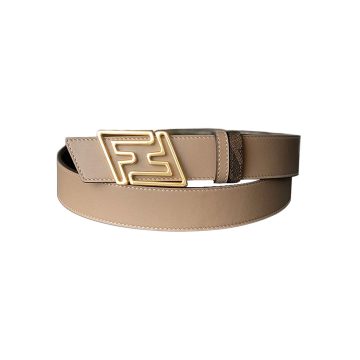 Fendi Men's Faster Reversible Belt In Beige/Black/Brown Calfskin And Monogram Canvas With Gold/Silver Hardware 35mm