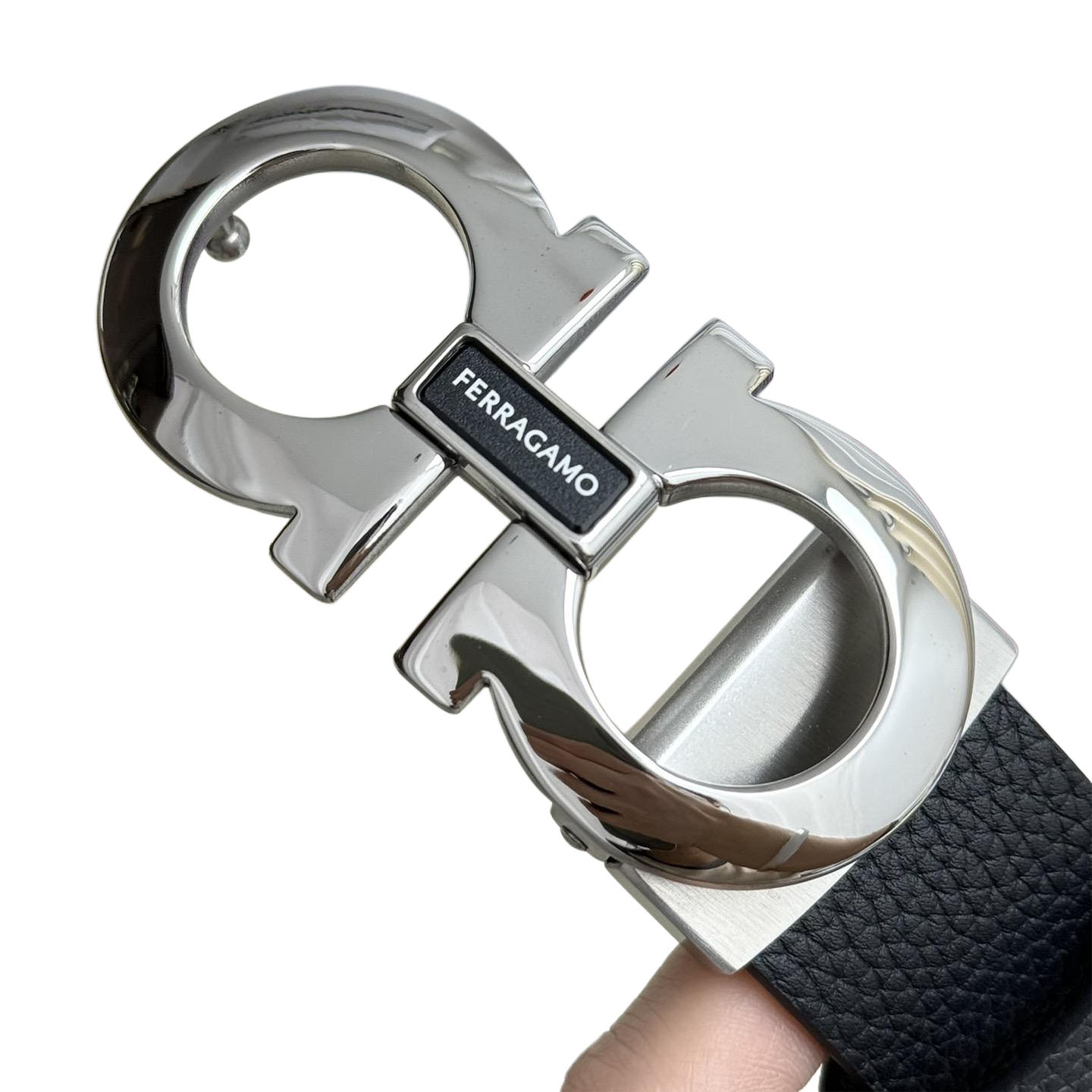 Ferragamo Men's Double Gancini Buckle Belt In Black Grained Calfskin With Gold/Silver/Black Hardware 35mm - 图片 2