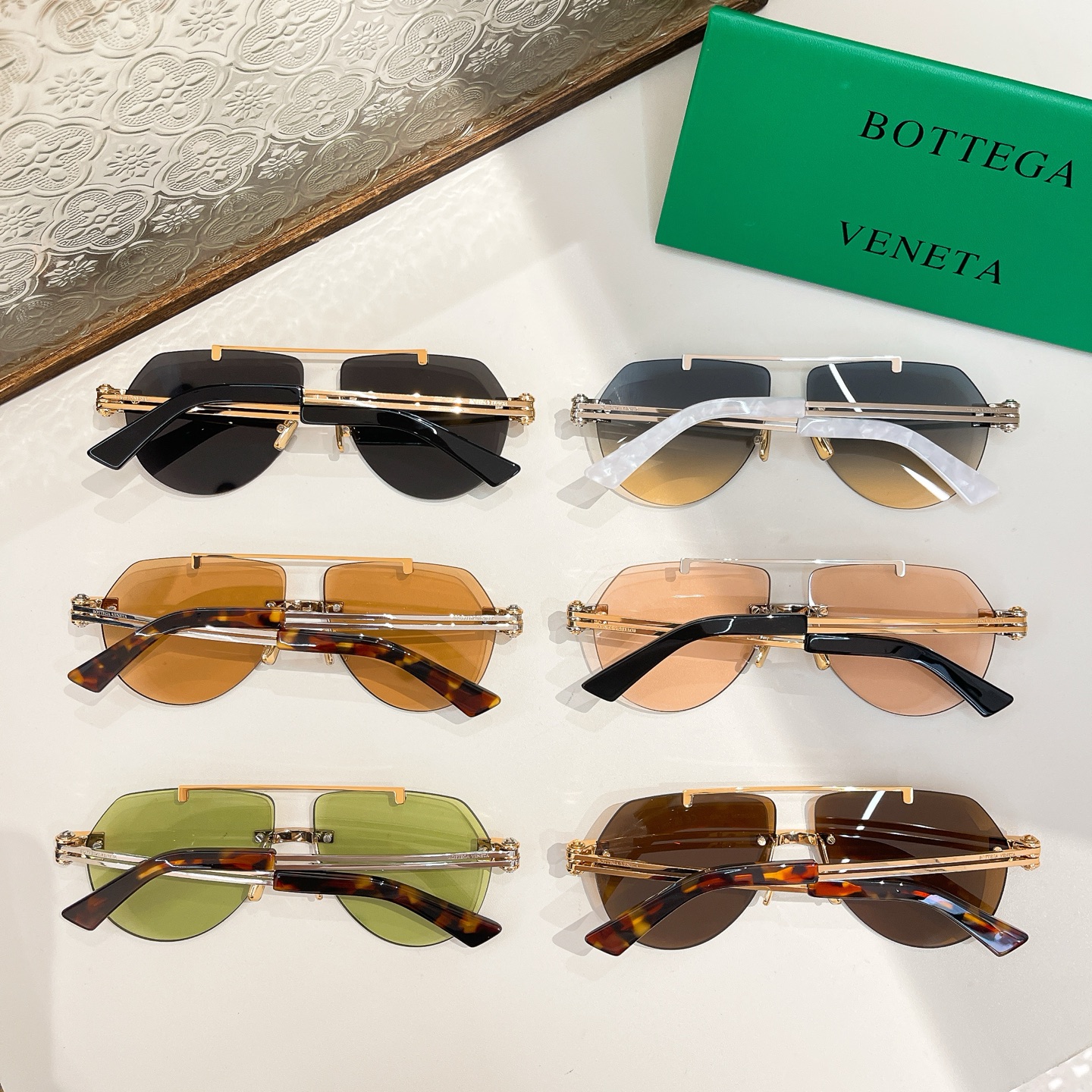 Bottega Veneta Pilot glasses blue/lime green/black/apricot/tawny/leopard brown color Size 51口23-140 - 图片 8
