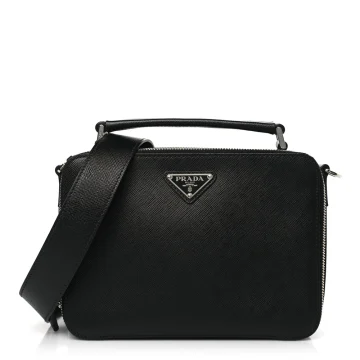 Prada Medium Travel Brique Crossbody Bag Black Saffiano Leather Silver Hardware