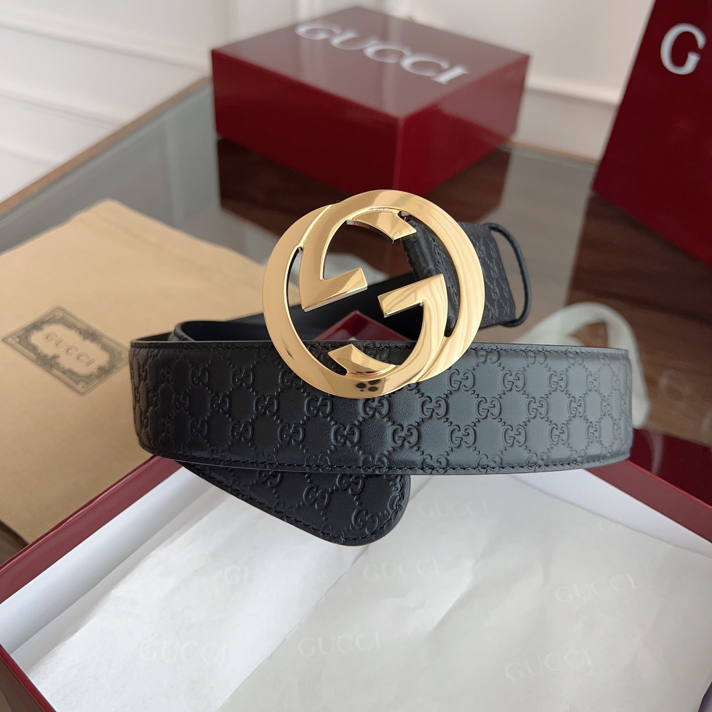 Gucci Men's Interlocking G Buckle And Interlocking G Belt In Black/Brown Marmont In Calfskin/Canvas With Gold/Silver Hardware 40mm - 图片 4