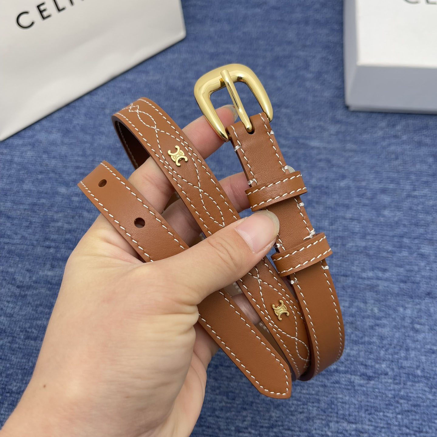 Celine Belt In Brown/Black Calfskin With Gold Hardware 20mm - 图片 3